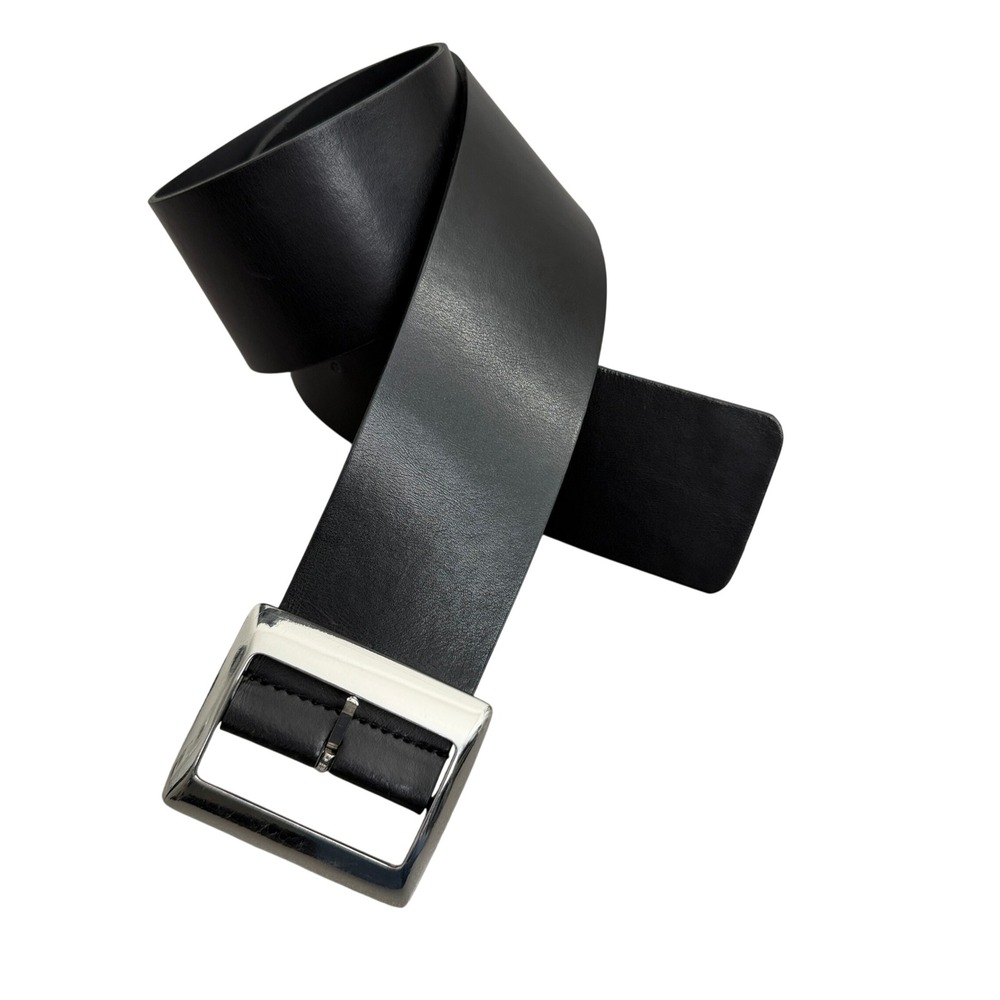 Sportmax Belt Womens 38 Black Leather Wide Strap Silver Buckle Made in Italy
